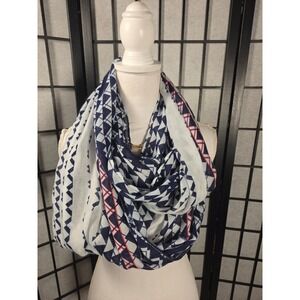 Ann Taylor LOFT Infinity Scarf Navy Blue White Geometric Triangle Print Coral
